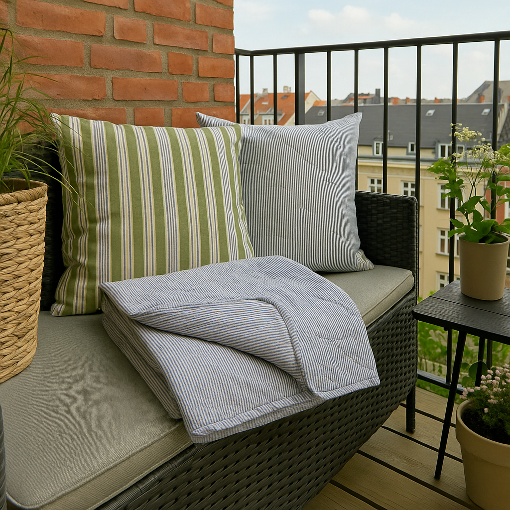 Quilt tæppe til terrasse og altan - Hvid/ blå mælkedrengestriber