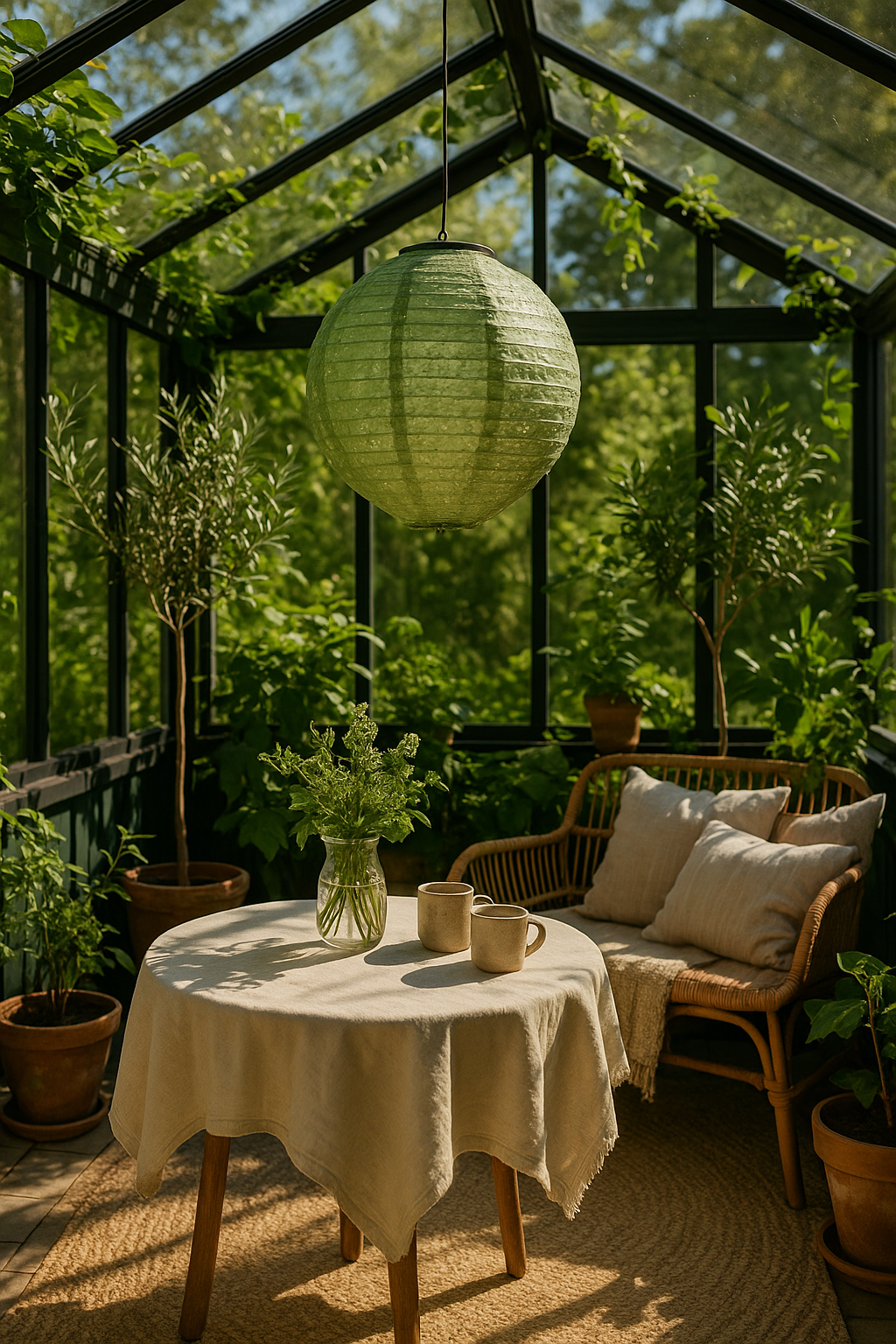 Grøn rund solcelle lanterne sm skaber hygge i orangeriet
