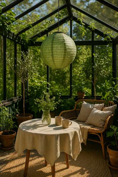 Grøn rund solcelle lanterne sm skaber hygge i orangeriet