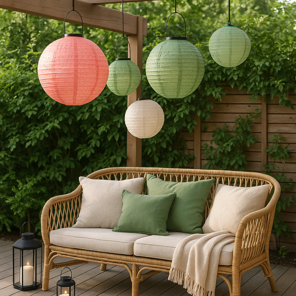 Solcelle lanter der skaber hygge ved en terrasse med en lounge sofa