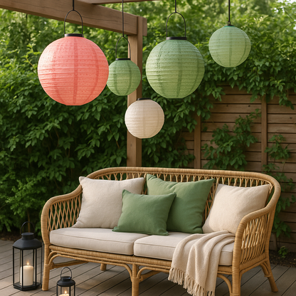 Solcelle lanter der skaber hygge ved en terrasse med en lounge sofa