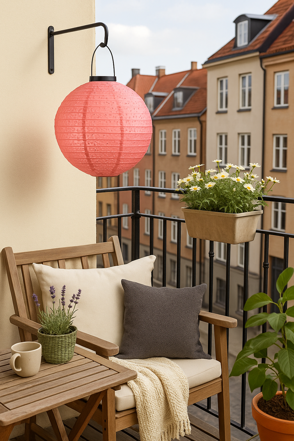 Rund solcelle lanterne i pink som dekorer en altan smukt